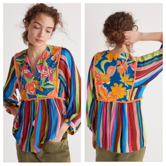 Anthropologie Large Floral Beaded Babydoll Blouse - Picture 2 of 12